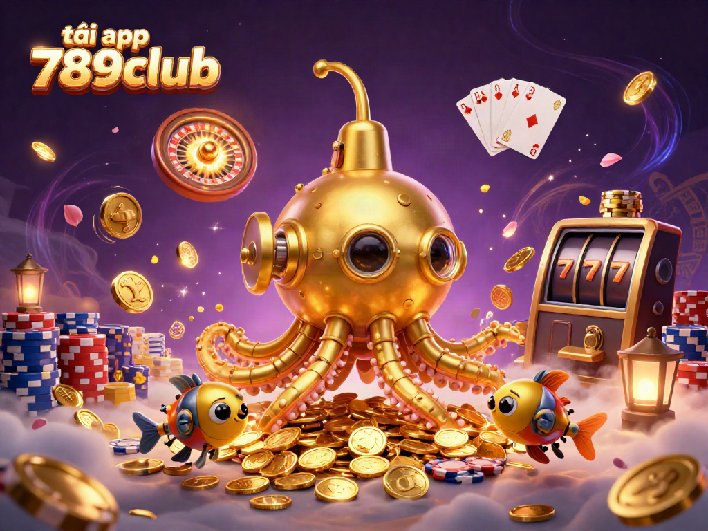 Experience excitement with tải app 789club showcased in a dynamic 3D illustration featuring golden kraken and casino elements.
