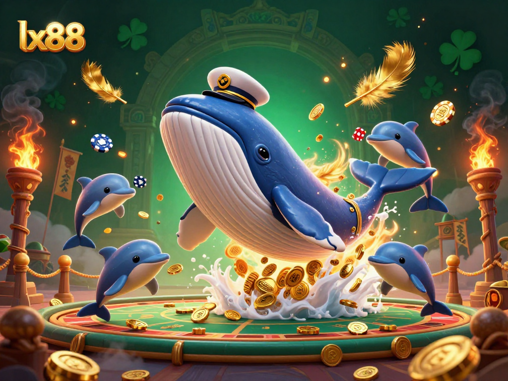 Experience thrilling moments at lx88 with a cartoon whale and playful dolphins in a vibrant casino scene.