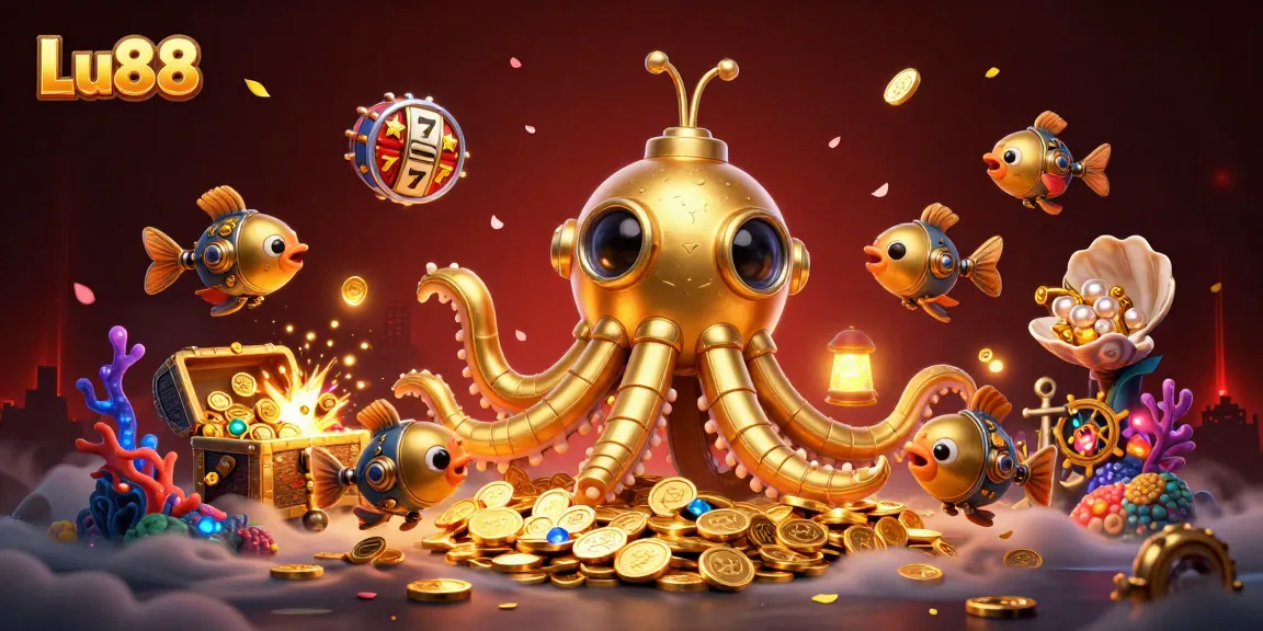 Experience thrilling gameplay at Lu88 with golden kraken submarine and treasure amidst floating slot reels.