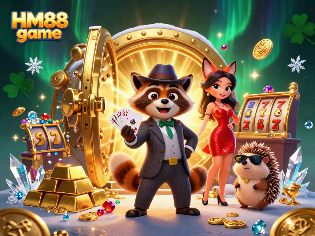 Experience the thrilling HM88 game with raccoon, fox, and hedgehog in a vibrant casino scene.