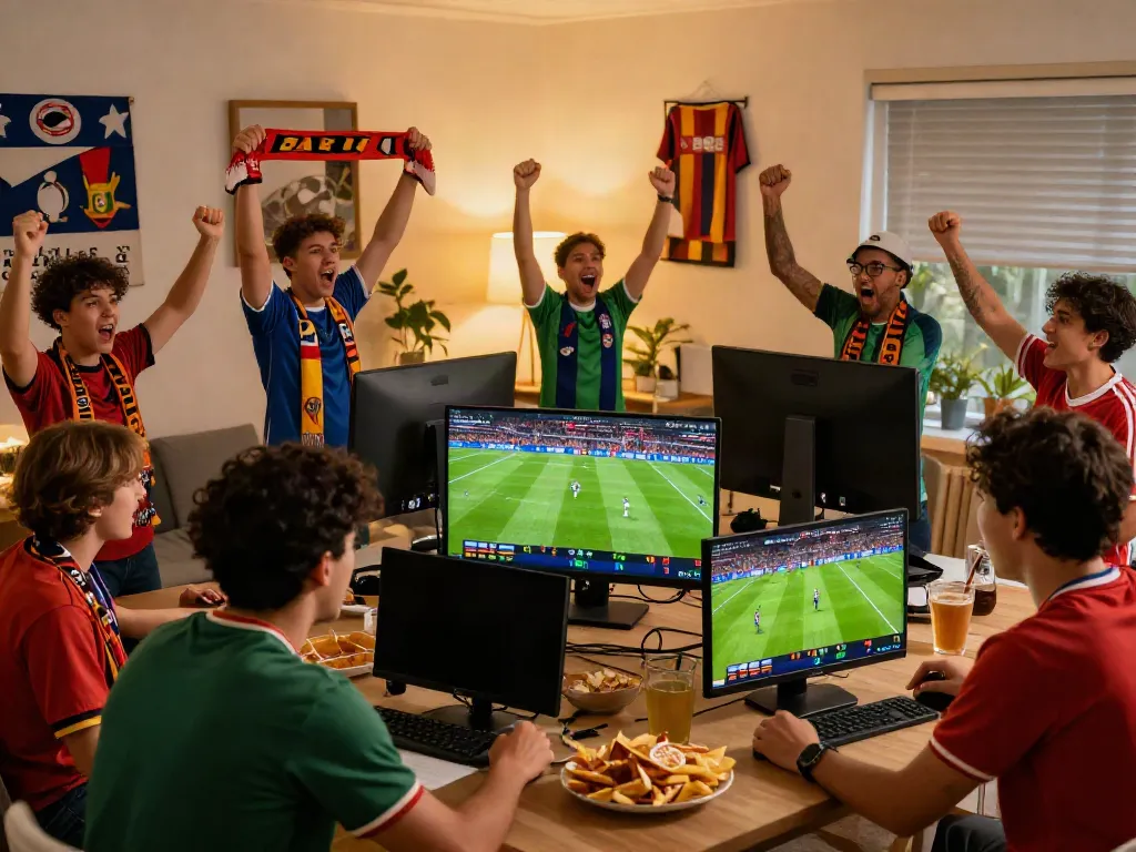 Socolive fans enjoying live soccer matches with HD screens and snacks in a vibrant atmosphere.