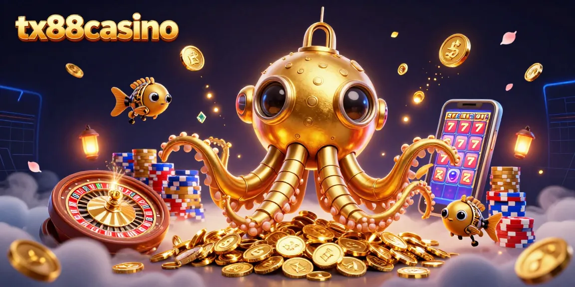 Experience thrills with tx88casino’s 3D golden kraken submarine and vibrant casino elements.