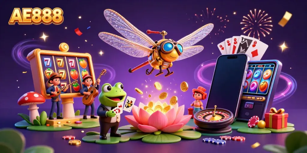 Engage with AE888 casino action featuring a dragonfly pilot, frog croupier, and lively slots.