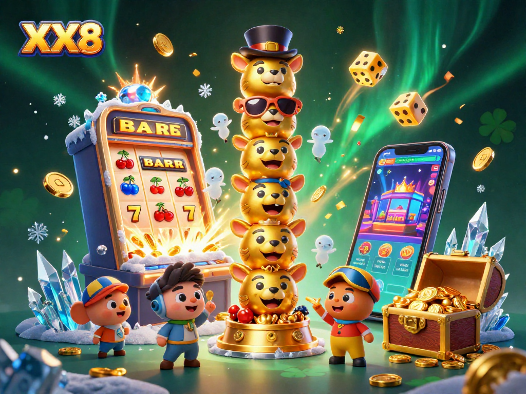 Play at XX8 with vibrant 3D casino illustration showing dynamic slot elements and a golden totem.