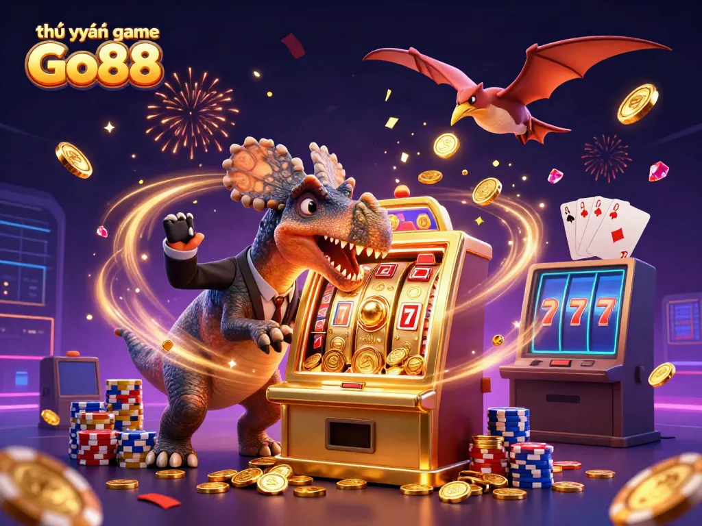 Experience the excitement of thư viện game Go88 with a dynamic casino scene featuring various playful dinosaurs.