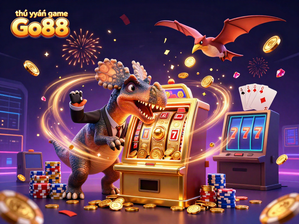Experience the excitement of thư viện game Go88 with a dynamic casino scene featuring various playful dinosaurs.