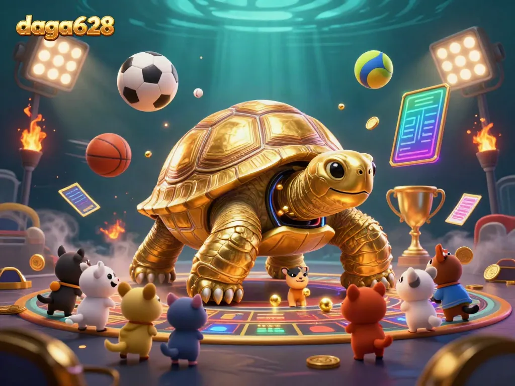 Engage with daga628's vibrant gaming scene featuring a colossal golden tortoise as a pinball machine.