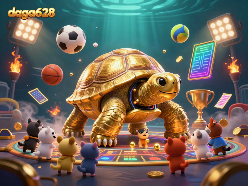 Engage with daga628's vibrant gaming scene featuring a colossal golden tortoise as a pinball machine.
