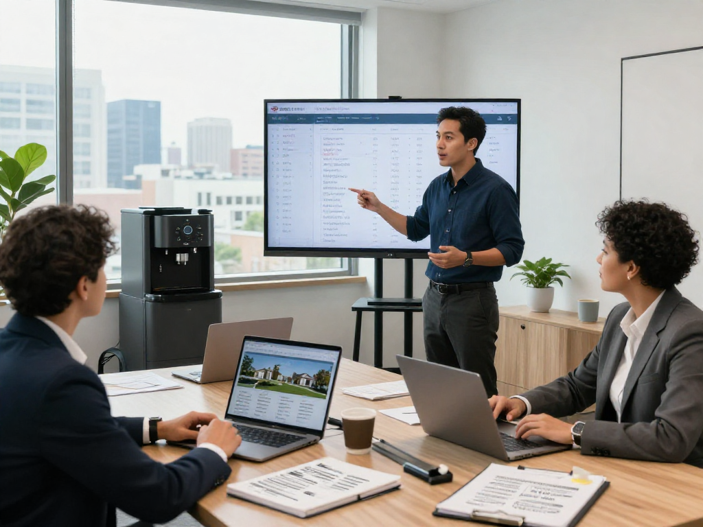 IDXSTAR real estate team collaborating on market strategies in a modern office.