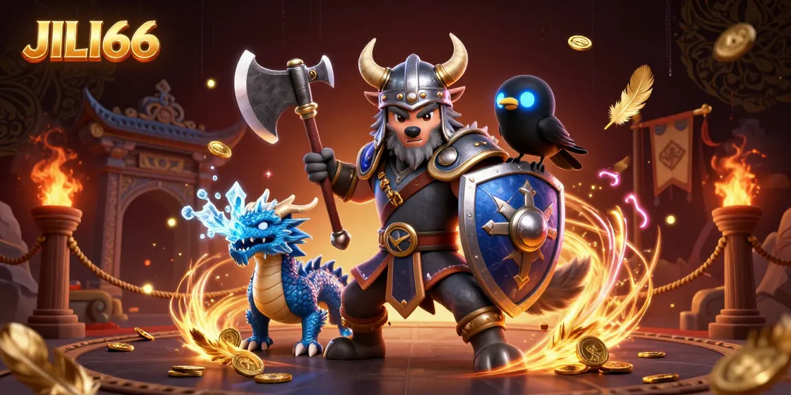 Engage with JILI66's thrilling online games featuring a Viking wolf warrior, dragon, and dynamic casino elements.