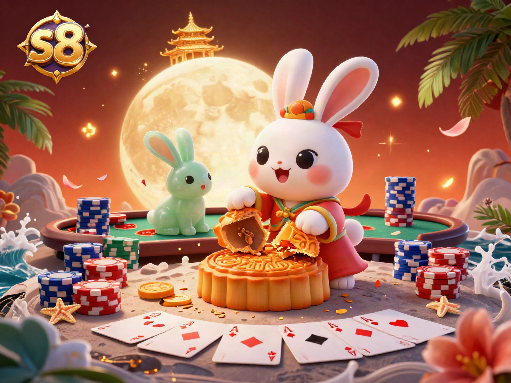 Experience the excitement of s8 casino gaming with vibrant poker elements and a magical moonlit scene.