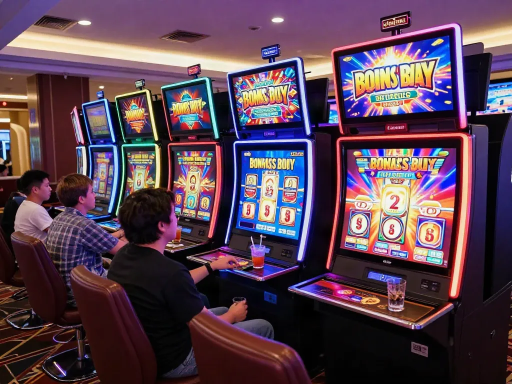 Bonus buy casinos UK scene with players enjoying slot machines and vibrant gameplay atmosphere.
