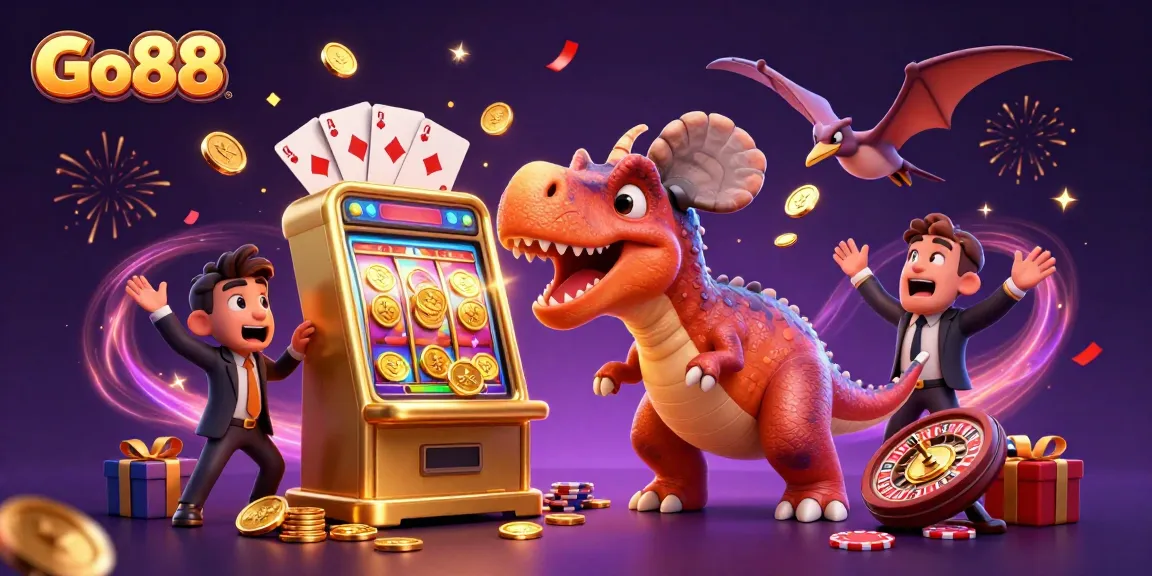 Go88 features a pachycephalosaurus winning jackpot coins at a golden slot machine amidst gaming chaos.