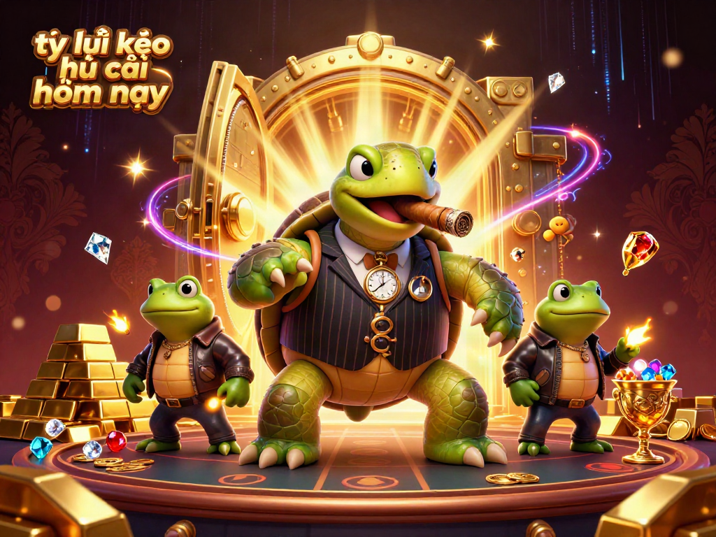 Engaging scene showcasing tỷ lệ kèo nhà cái hôm nay with a snapping turtle in a mobster suit and bullfrog enforcers.