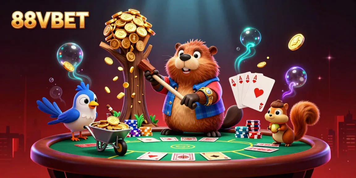 Experience exciting gameplay at 88VBET as a cartoon beaver chops trees raining gold coins and poker elements.