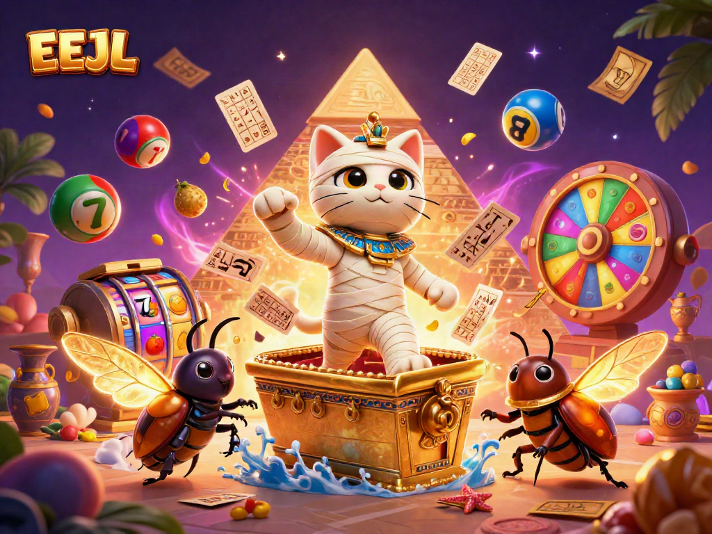 Engage with EEJL's thrilling casino adventure featuring an animated mummy cat and vibrant lottery elements.
