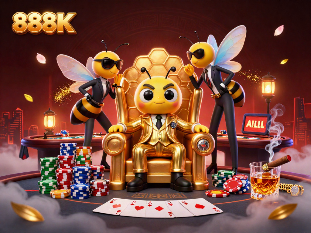 Experience the vibrant 888K casino action with a lively bumblebee mob boss and poker scenes.
