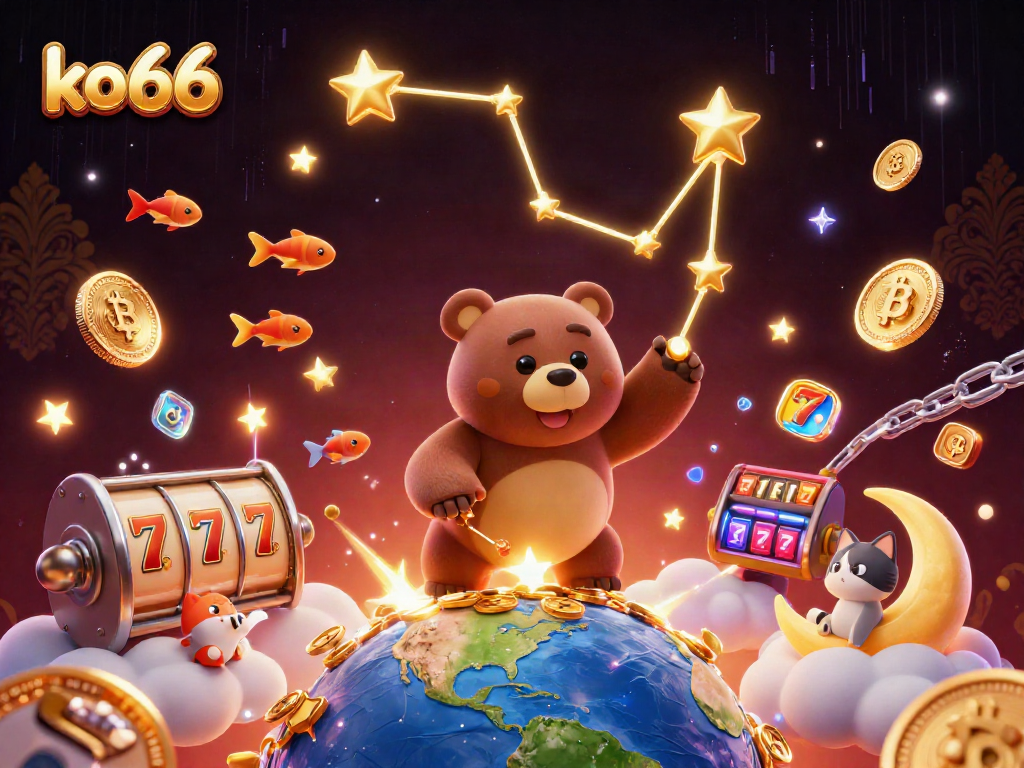 Experience thrilling wins with ko66 in a vibrant casino scene filled with golden stars and slot reels.