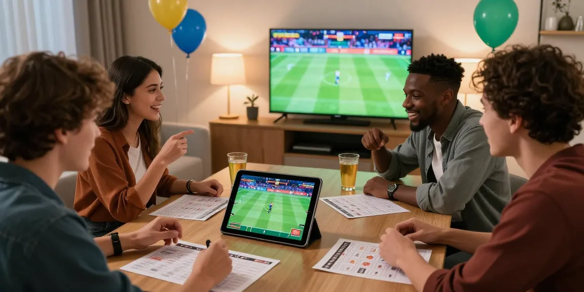 LUCK8 friends enjoying live sports betting on a tablet in a vibrant home setting.
