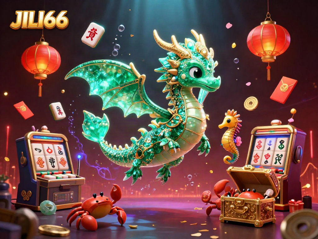 Experience JILI66 with this vibrant 3D illustration of a sea dragon amid dynamic casino elements, showcasing unique game features.