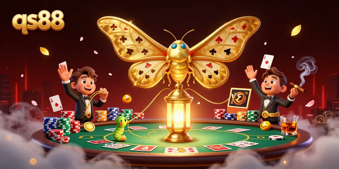 Engage in thrilling poker at qs88 with the captivating atlas moth and stunning casino scene.