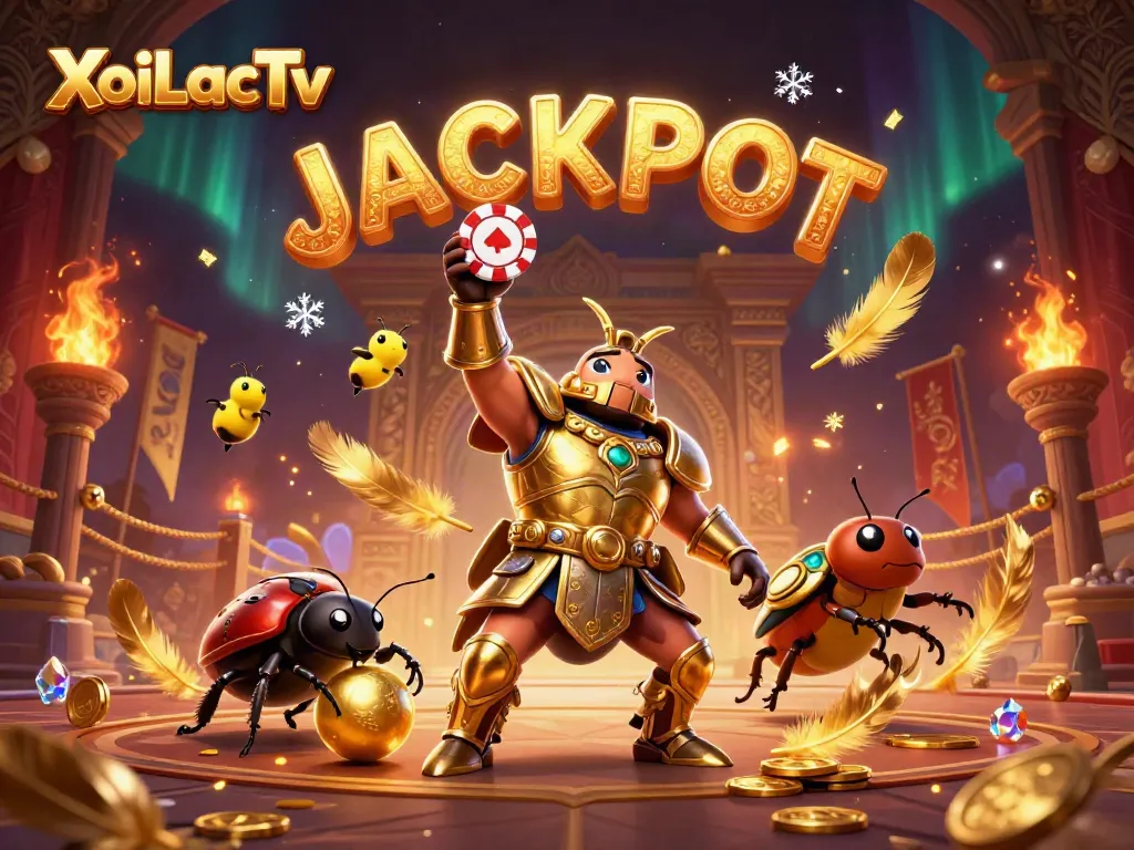 XoiLacTv features a victorious cartoon beetle winning poker chips in a vibrant gambling scene.