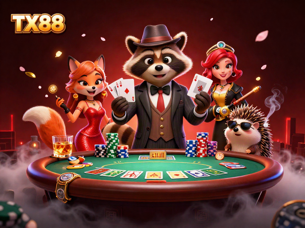 Play poker with TX88 featuring a suave raccoon, a fox lady, and a hedgehog bouncer!