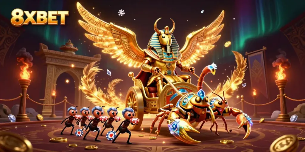 Engage with the vibrant 8XBET online gaming experience featuring a golden scarab and scorpions in rich detail.