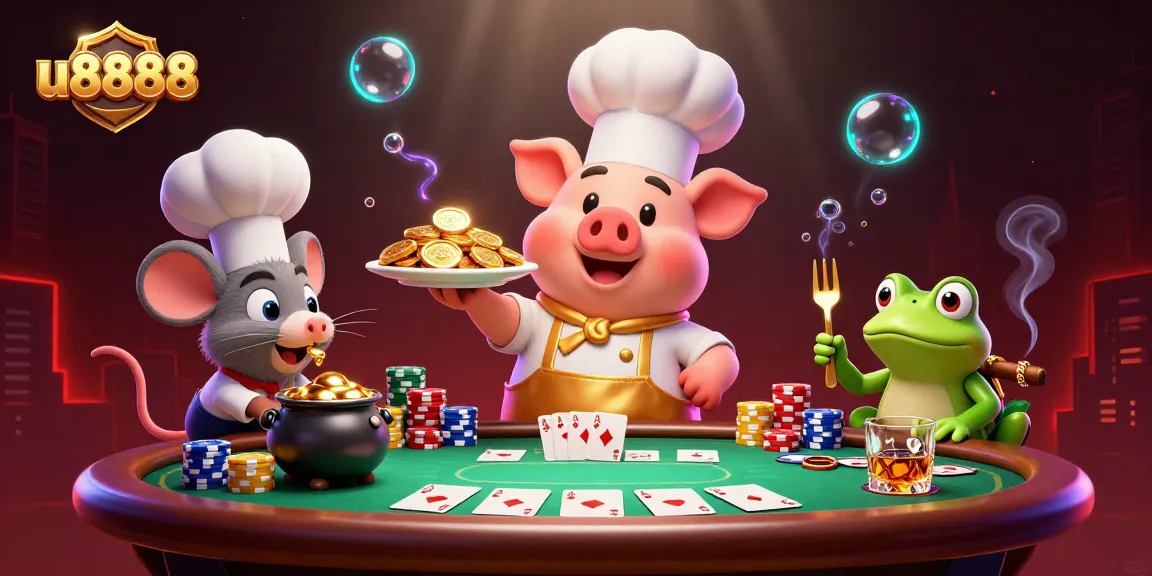 Engage with u8888's thrilling poker scene featuring a chef pig, tasting sous-chef, and critic frog amidst action-packed gameplay.