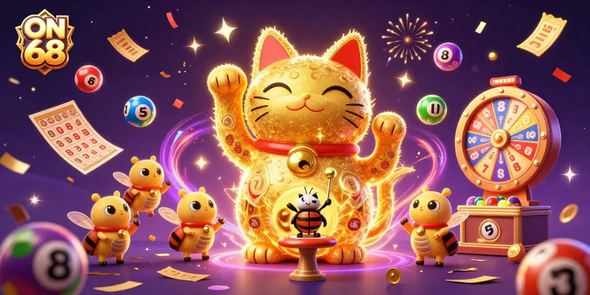 Engage in exciting gameplay at ON 68 with vibrant golden lucky cat symbols and colorful lottery balls.