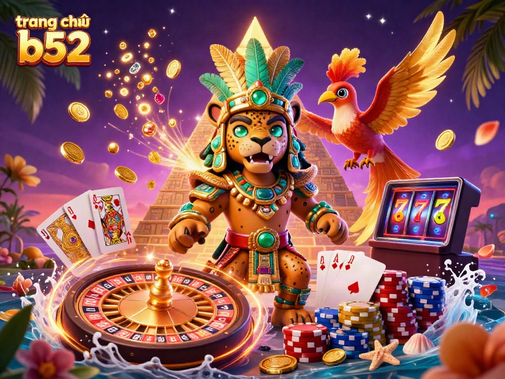 A vibrant 3D scene capturing the essence of the trang chủ b52 casino experience, showcasing a Mayan priest and quetzal bird amidst cascading treasures and game elements.