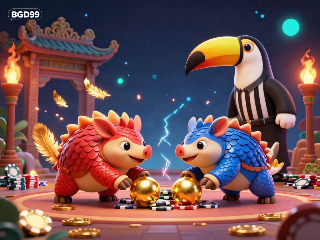 Rival pangolins engage in a dynamic casino battle at BGD99, surrounded by poker chips and golden scales.