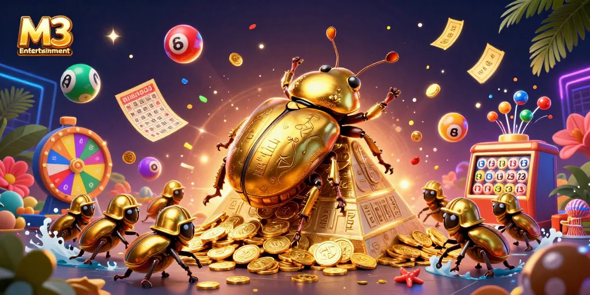 M3 Entertainment showcases a golden dung beetle rolling coins, surrounded by vibrant lottery elements, capturing thrilling casino excitement.