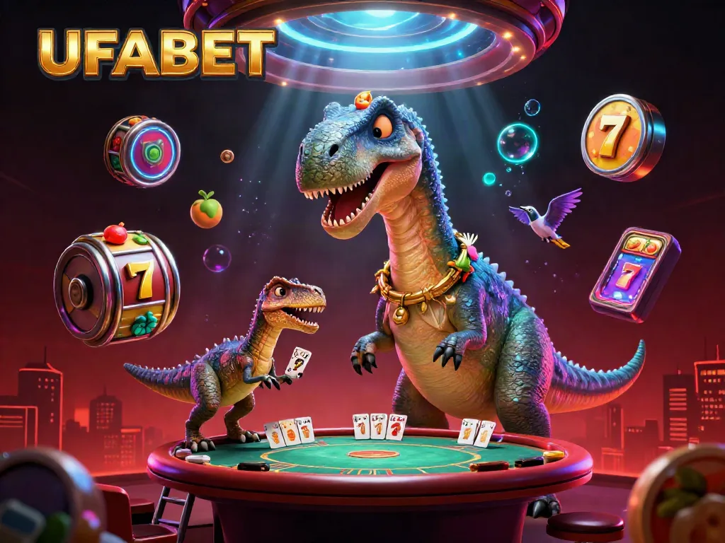 UFABET showcases a vibrant 3D illustration featuring a brontosaurus interacting with a poker game, highlighting the excitement of online gambling.