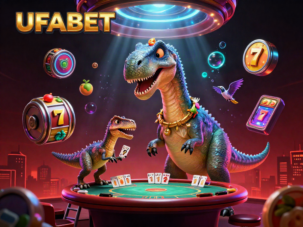UFABET showcases a vibrant 3D illustration featuring a brontosaurus interacting with a poker game, highlighting the excitement of online gambling.