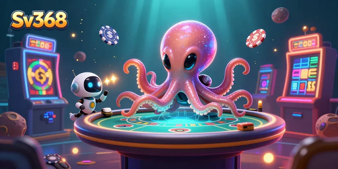 Play exciting games at Sv368 with a vibrant setting featuring an alien octopus and poker elements, capturing the thrill of gambling.