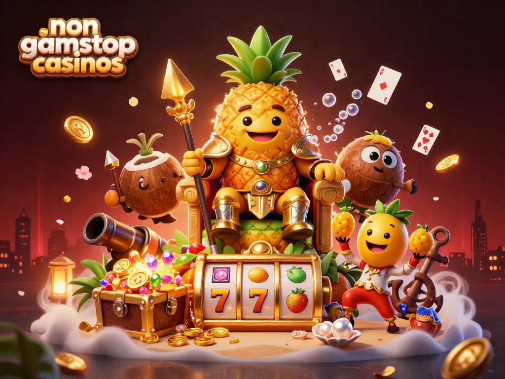 Experience non gamstop casinos through a vibrant 3D illustration showcasing a golden pineapple king ruling over a lively casino scene.