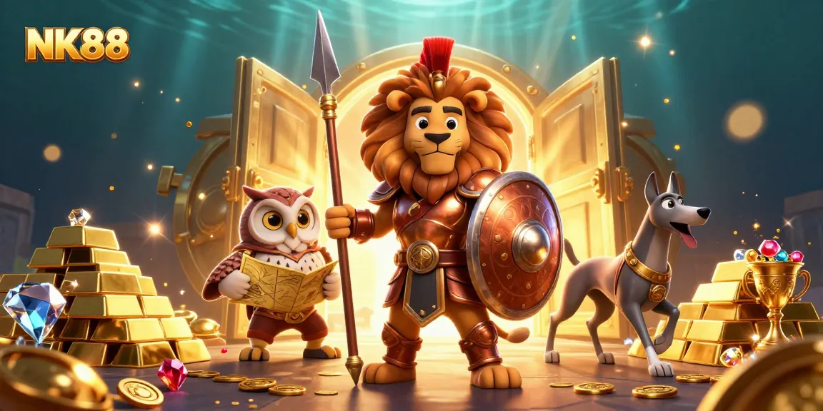 Experience thrilling gameplay at NK88 with a dynamic scene, featuring lucky symbols and golden treasures.