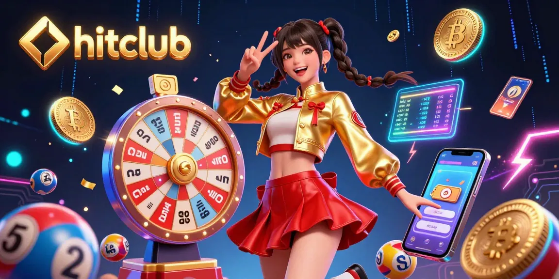 Engage with hitclub’s vibrant casino scene featuring a joyful Asian woman amidst colorful lottery elements and glowing crypto coins.