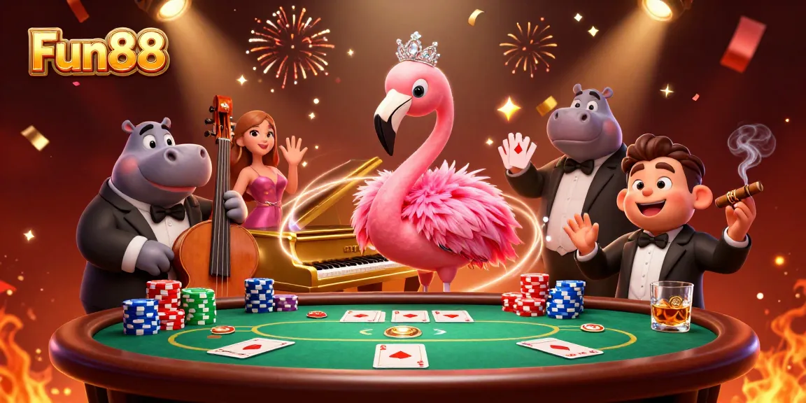 Immerse in Fun88's vibrant gaming world with lively characters and poker elements.