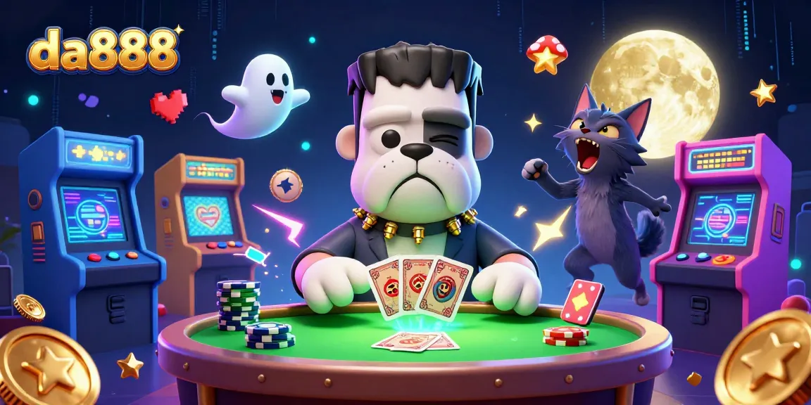 Engage with da888 at a vibrant casino table featuring a cartoon monster dealer and magical elements.