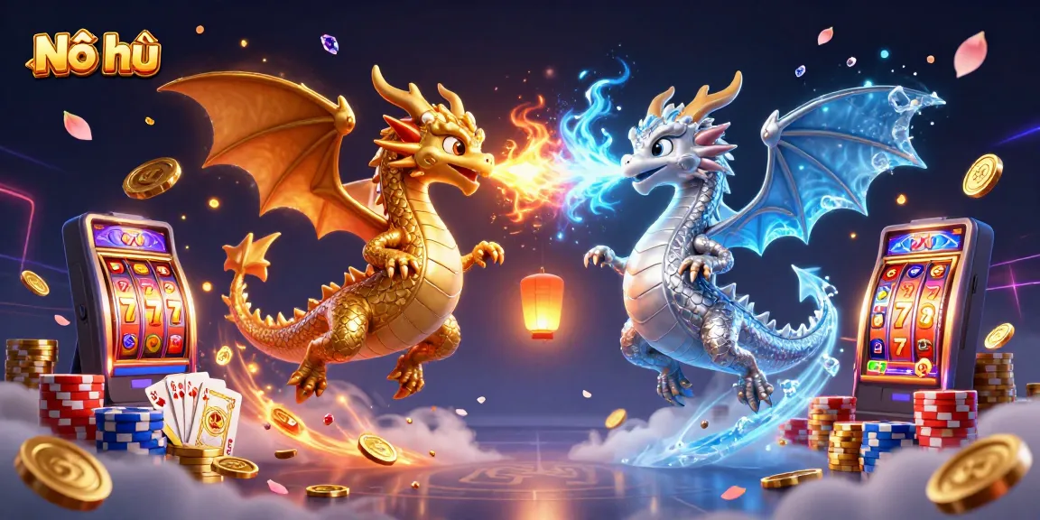 Experience the thrill of Nổ hũ as dragons battle in a vivid casino scene with slot machines and poker chips.