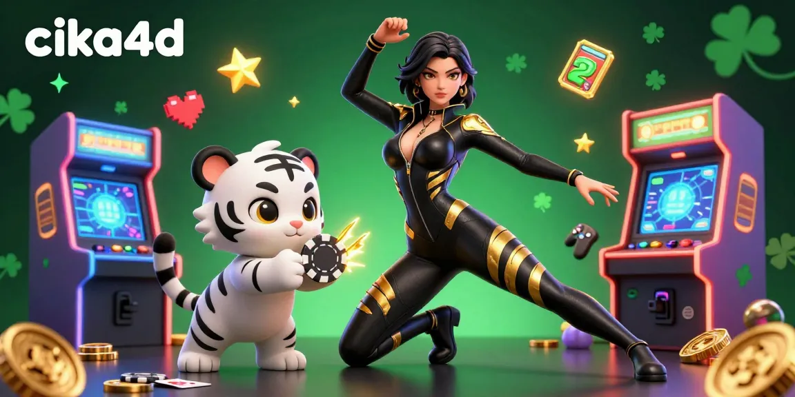 Cika4d transforms gaming excitement with a semi-realistic woman and a cartoon tiger in a vibrant casino scene.
