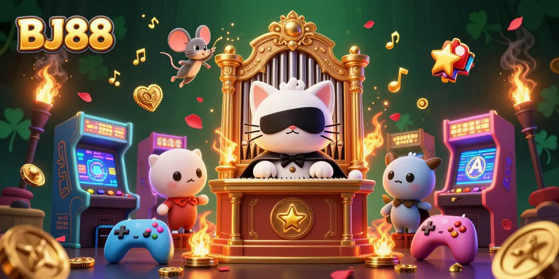 Engage with BJ88 casino through vibrant gaming elements and characters in a festive atmosphere.