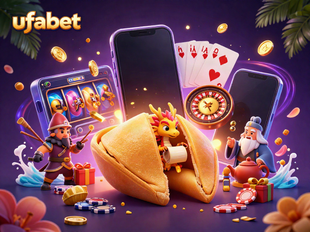 Engage with ufabet's dynamic online slots and games displayed in a vibrant 3D casino scene.