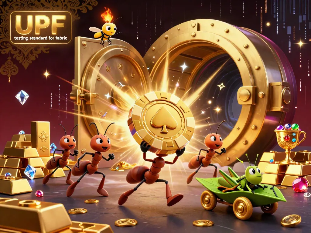 Ants heist with golden poker chip in 3D, showcasing UPF testing standard for fabric in a vibrant casino setting.