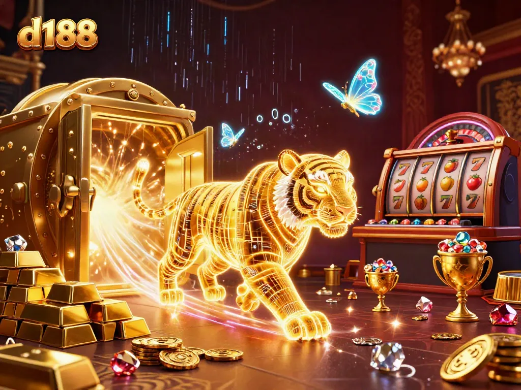 Engage with thrilling d188 gaming experiences, featuring a neon tiger and slot elements in a rich casino scene.