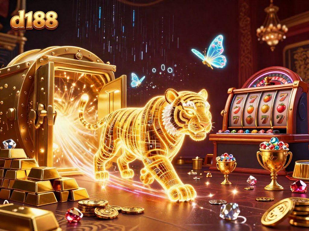 Engage with thrilling d188 gaming experiences, featuring a neon tiger and slot elements in a rich casino scene.