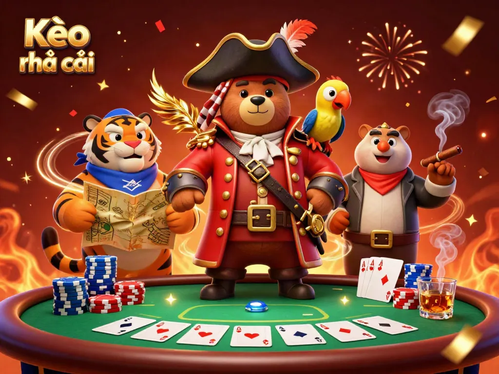 Engage with Kèo nhà cái through a lively scene of cartoon characters celebrating a poker win amid vibrant elements.