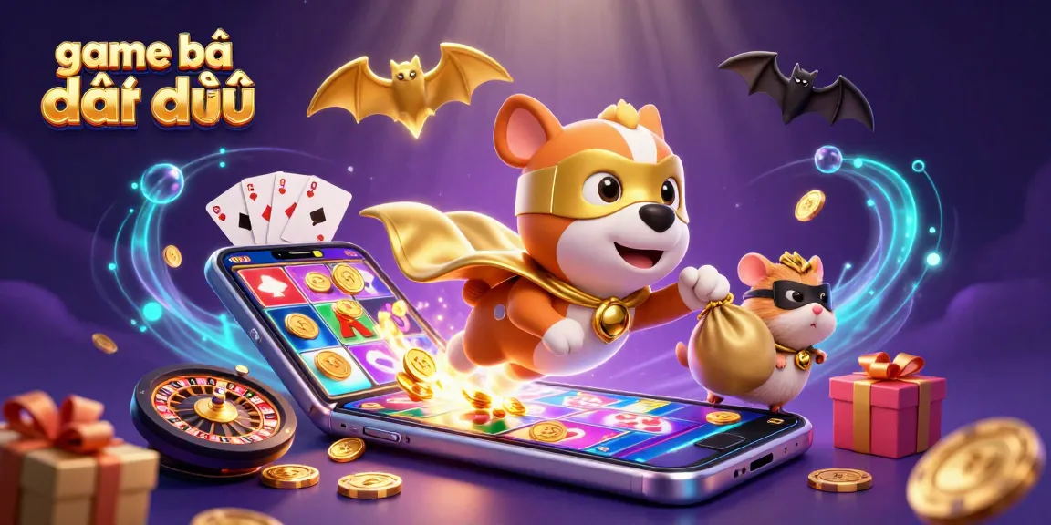 Experience the excitement of game bài đấu địa chủ with a colorful 3D casino scene featuring a superhero dog and dynamic gaming elements.